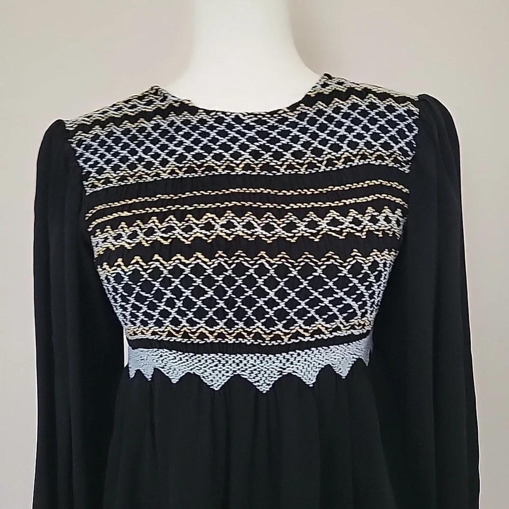 Free People Late Night Picnic Embroidered Smocked Babydoll Dress Size S Black